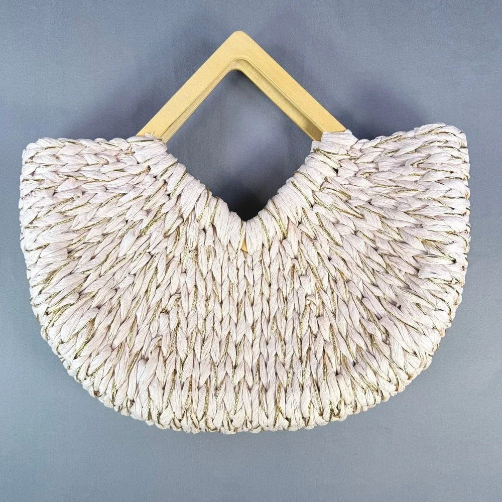 Woven Straw Handbag Womens Pink‎ Gold Metallic Wood Handle Beach Tote